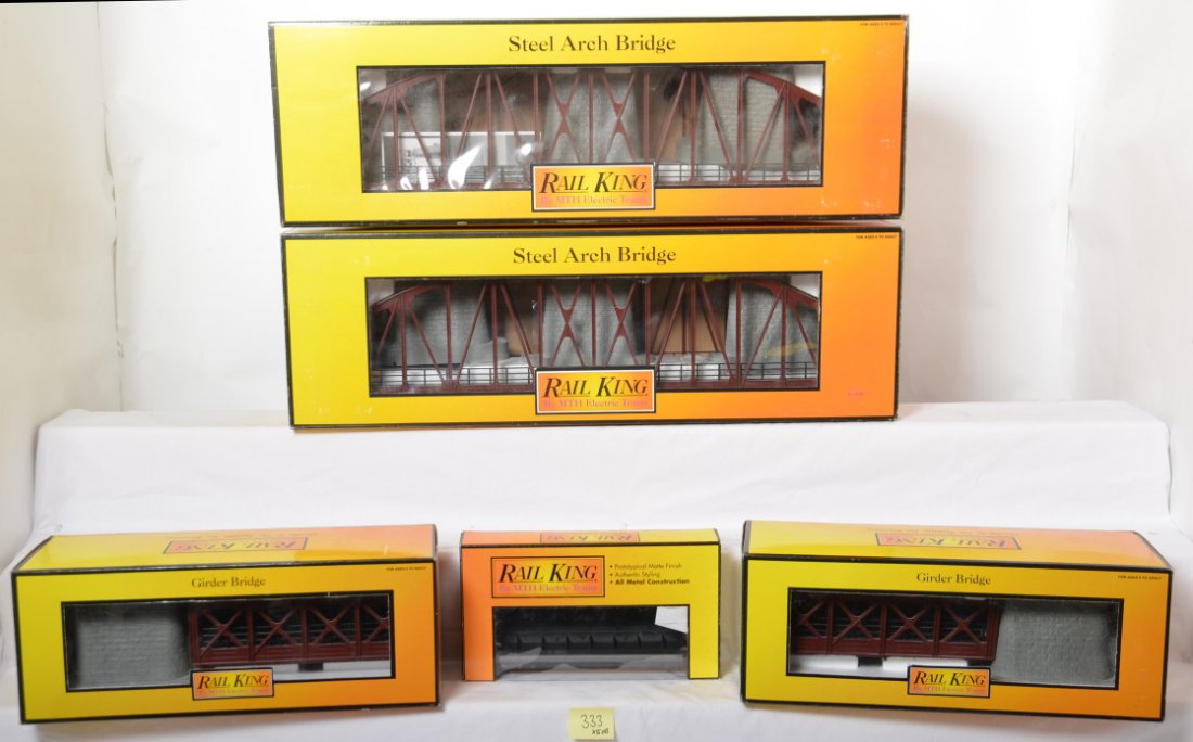 Railking arch and girder bridges: MTH Railking modern O gauge bridges in OBs. Includes two 40-1031 arch bridges, two 40-1032 bridges, and 12001 girder bridge. Bridges are layout used C8.