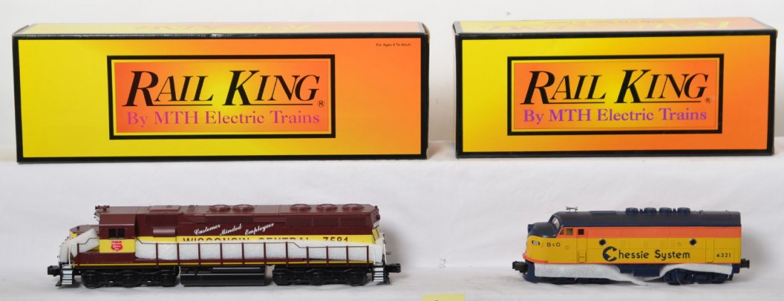 Railking dummy Wisconsin Central SD-45 and Chessie F-3: MTH Railking modern O gauge dummy diesel locomotives in OBs Includes 30-2361-3 Wisconsin Central SD-45 and 30-2119 Chessie F-3. C8.