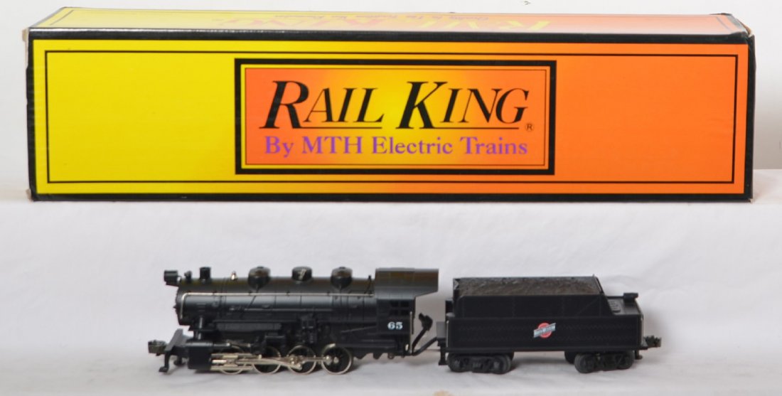 Railking Chicago and Northwestern 0-8-0: MTH Railking modern O gauge RK-1112L steam locomotive in OB. Loco features smoke, whistle, and more. Loco is C8 with run time. OB has some corner wear.
