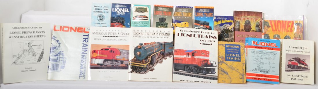 Group of Greenberg repair and other train books: Lionel and other books and catalogs. Includes 1954 small catalog, Greenbergs guide to repair 1945-69, for Standard gauge, for American Flyer S gauge, prewar parts and instruction sheets, and Modern Er