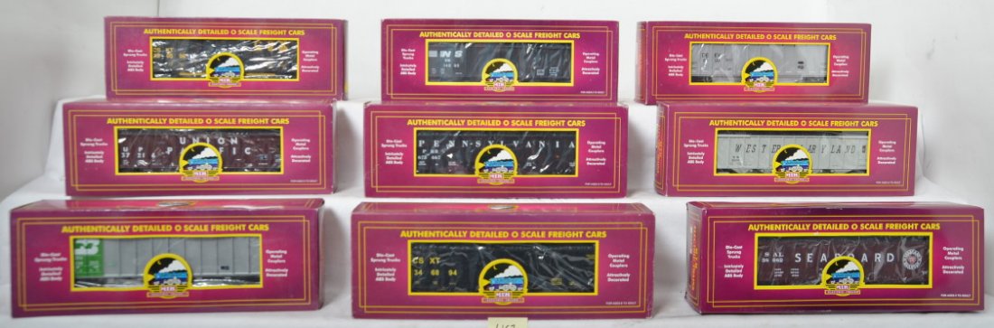 9 MTH coal hoppers 9700L, 97428, 97407, etc: MTH Premier modern O gauge freight cars in OB. Nine coal cars include 97403 Union Pacific, 97003 Detroit Edison, 9700L CSX, 97428 Norfolk Southern, 97402 Western Maryland, 900003d Pennsylvania, 9701L 