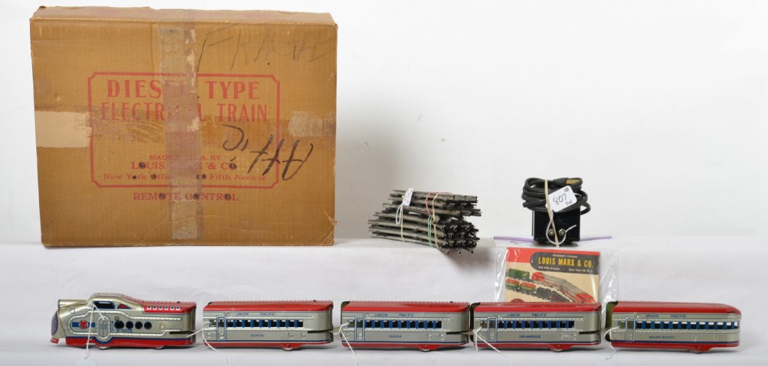 Marx No. 7675 Union Pacific M10005 passenger in OB: Postwar Marx O gauge No. 7675 Union Pacific M10005 streamline articulated diesel passenger train with powered unit, two Denver coaches, Los Angeles coach, and Squaw Bonnet observation, trains look C6-