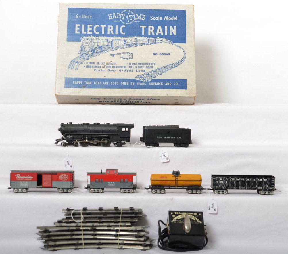 Marx No. 05948 6-Unit Scale Model electric train in OB: Postwar Marx O gauge No. 05948 6-Unit Scale Model electric train set in original box with 333 diecast steam loco and New York Central tender, 44572 Chesapeake and Ohio high side gondola, 174580 New Yo