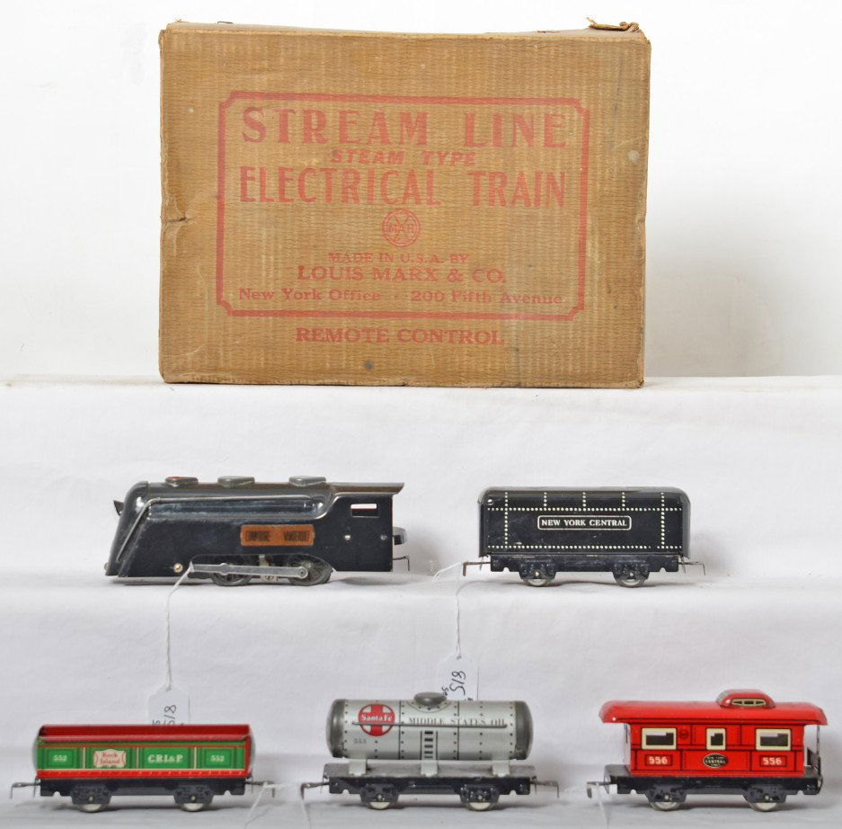 Marx boxed 3994 set w/NYC Commodore Vanderbilt....: Marx No. 3994 Stream Line Steam Type Electric Train set in original box with sleeves and dividers. Trains are Commodore Vanderbilt steam locomotive and New York Central tender, 552 RI gondola, 553 SF