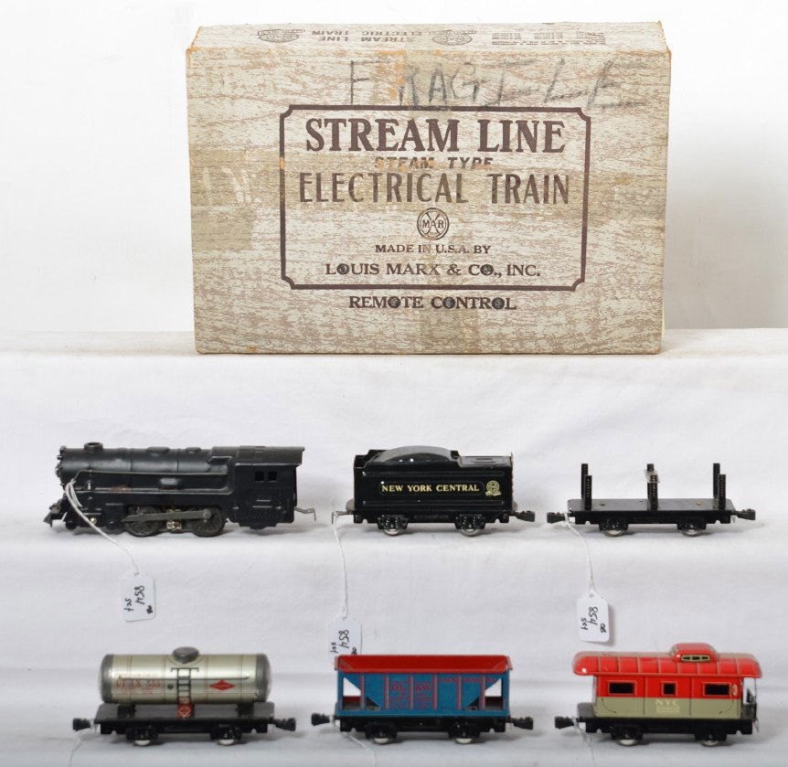Marx No. 5852 Stream Line Steam Type Electric set in OB: Marx O gauge No. 5852 Stream Line Steam Type Electrical Train set in original box with tinplate loco and New York Central MarLines tinplate tender with 86000 Delaware, Lackawanna, and Western D.L.W. h