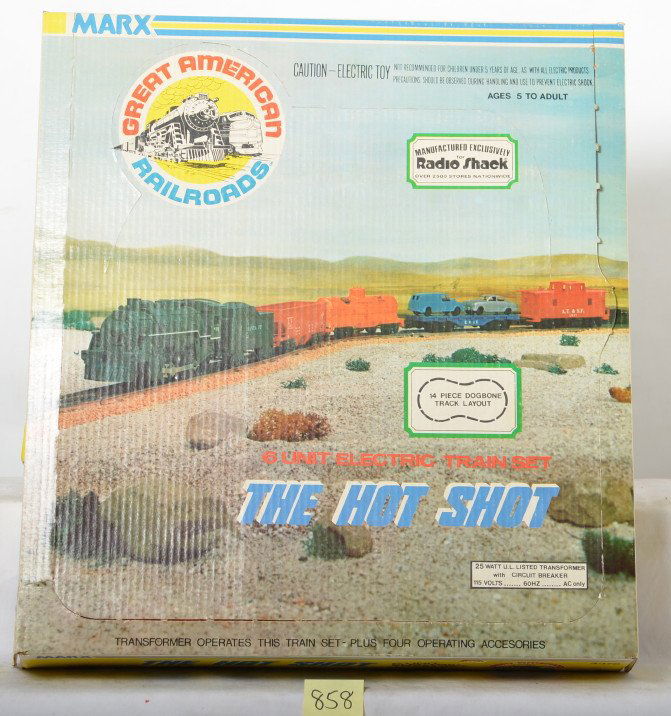 Marx 4378 The Hot Shot 6 unit steam loco set in OB: Postwar Marx O gauge No. 4378 The Hot Shot, 6 unit electric train set in original box with 490 plastic steam loco/Santa Fe tender with 21913 Lehigh Valley hopper, Erie flatcar w/autos, Gulf tank, 1977