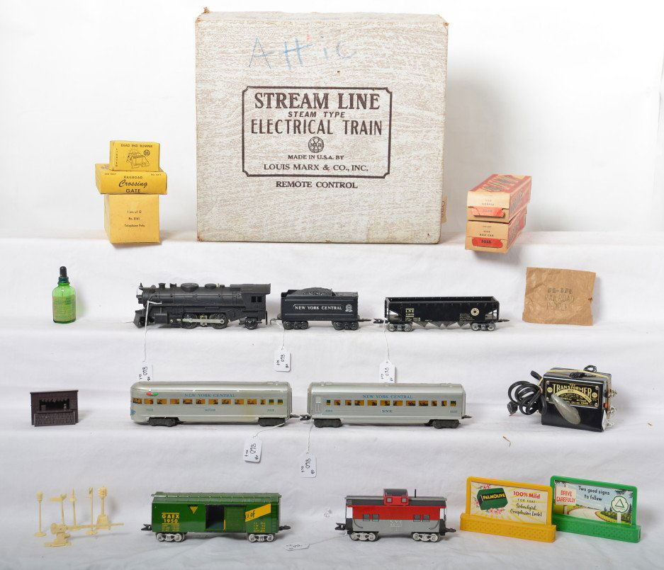Marx 52635 NYC steam passenger freight set in OB w/....: Postwar Marx O gauge 52635 Stream Line Steam Type Electrical Train set in original boxes with 666 diecast loco/New York Central tinplate tender, 13079 LNE hopper, 1950 GAEX boxcar, 20102 NYC caboose,