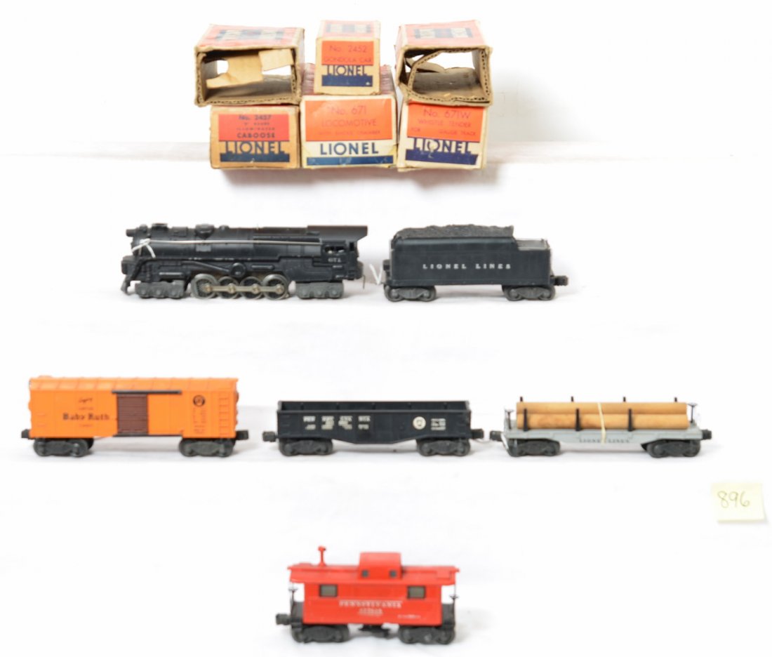 Lionel 671/671W, 2452, X2454, 2411, and 2457: Postwar Lionel O gauge 671 steam locomotive/671W whistle tender with 2452 Pennsylvania gondola, X2454 Pennsylvania Baby Ruth boxcar (missing a door on one side), 2411 lumber car, and 2457 Pennsylvania
