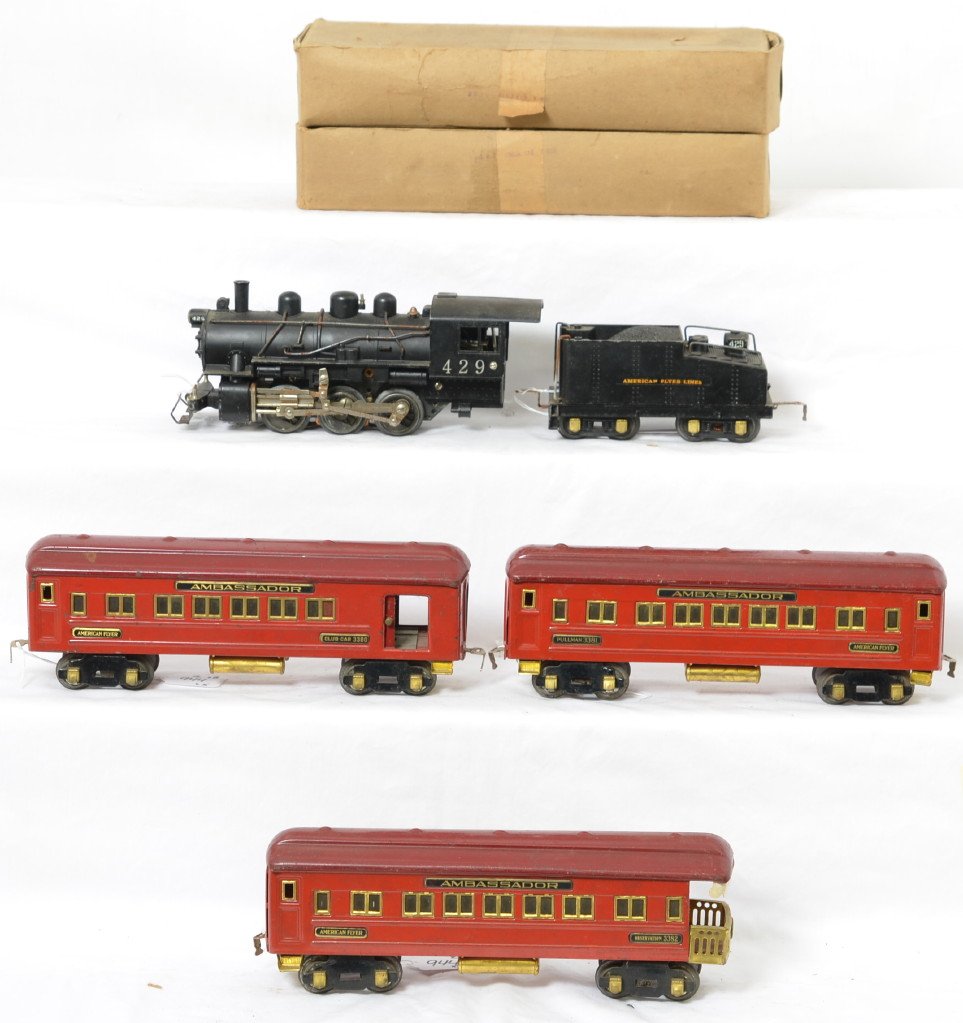 American Flyer 429 w/3380, 3381, 3382 Ambassador: Prewar American Flyer O gauge steam passenger train with two original boxes. 429 steam locomotive and tender with 3380 Club Car, 3381 Pullman Car, and 3382 observation Ambassador passenger cars. Loco