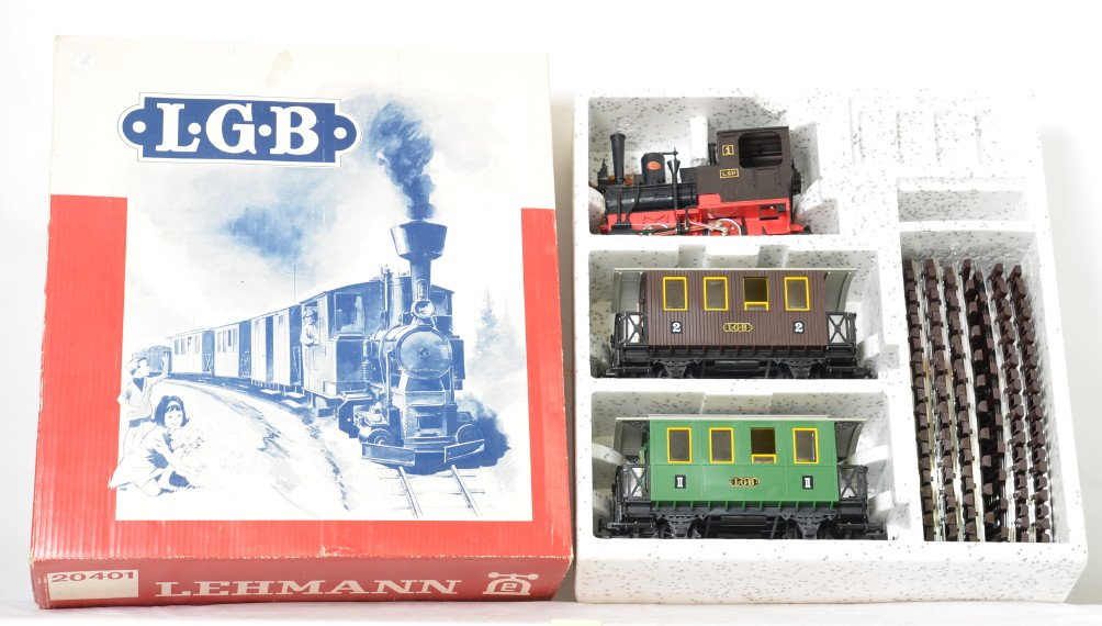LGB 20401 steam passenger w/2020, 3010, 3000 in OB: Modern era LGB G scale steam passenger set with 2020 steam tank loco, 3010 and 3000 passenger cars, C8 lightly run. Box shows little wear, very square and solid.