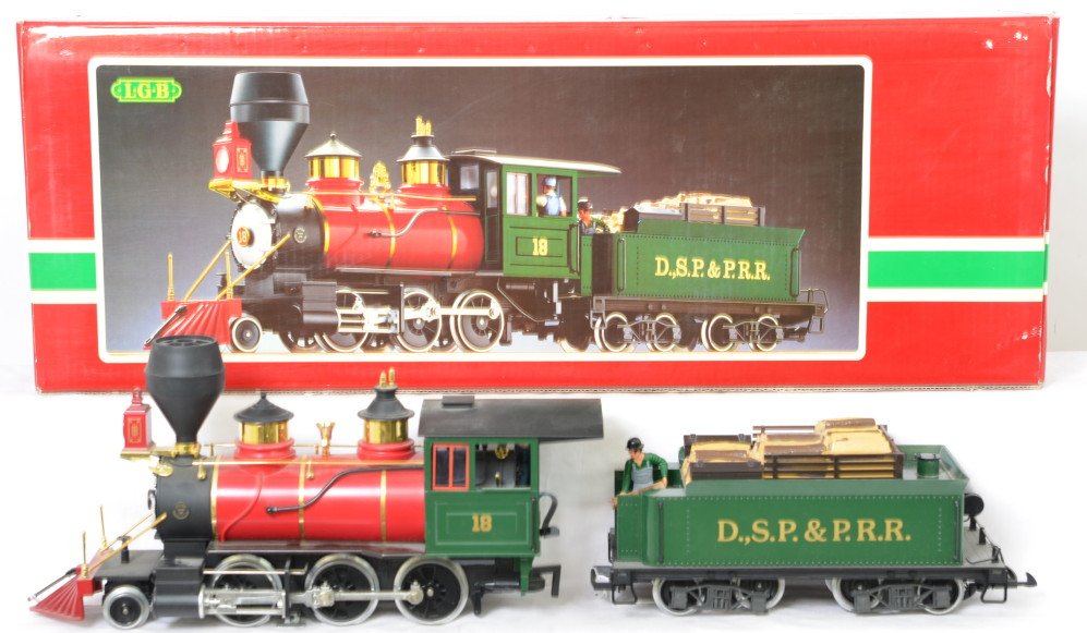 LGB 2018D D.S.P.&P.R.R. steam loco and tender in OB: Modern era LGB G scale 2018D D.S.P.&P.R.R. steam loco and tender in original box, should clean C8. Box has a small puncture to top panel, otherwise shows little wear.