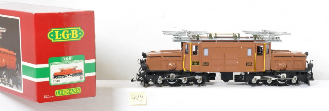 LGB 2040 RhB The Brown Crocodile electric in OB: Modern era LGB G scale 2040 Rhatische Bahn RhB The Brown Crocodile electric locomotive, C8-9. Very lightly run. Box shows no wear. Instructions and other literature included.