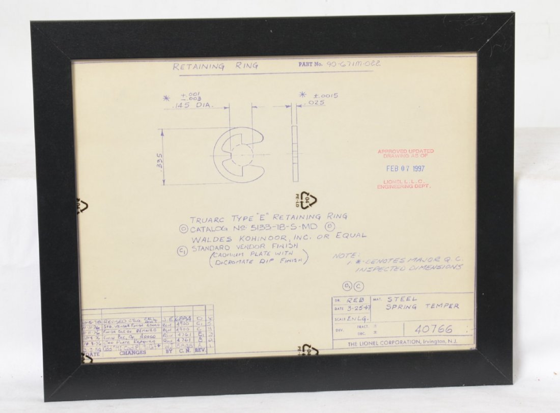 Lionel factory blue print for E Clip: Lionel factory blue print for the E Clip retaining ring. Includes original date of 3-25-47 from Irvington. Notes changes all the way through 1978. Final main stamp is from LLC engineering department i