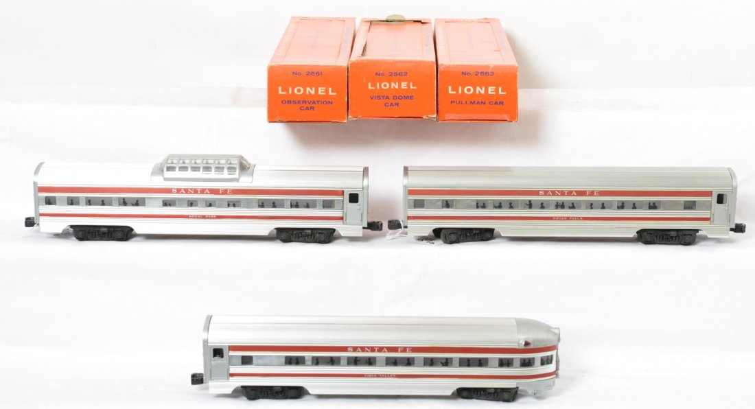 Nice Lionel Santa Fe red stripe cars 2561-3 OB: Original Lionel postwar O gauge red stripe Santa Fe Aluminum cars 2561 Vista Valley observation, 2562 Regal Pass dome car and a 2563 Indian Falls Pullman. The three cars are are completely original wi