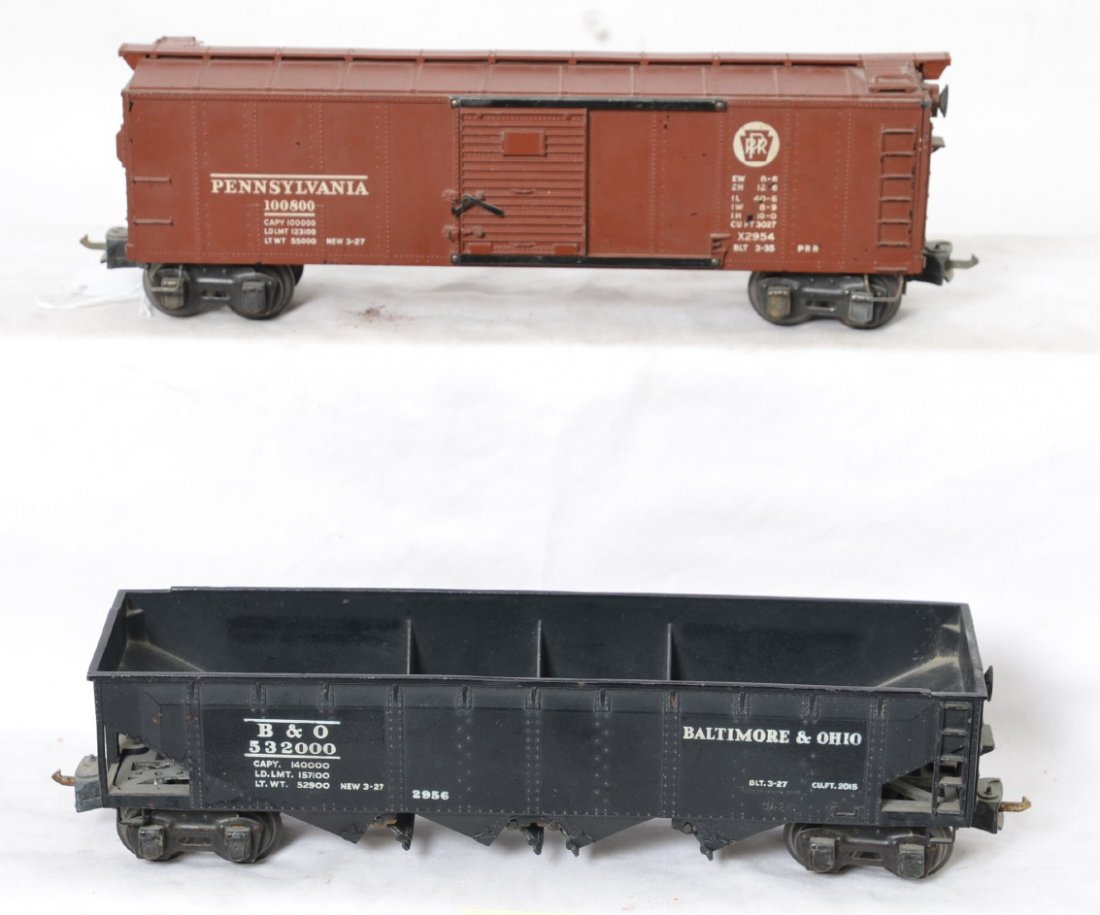 Lionel 2954 PRR boxcar and 2956 B&O hopper: Prewar Lionel O gauge semi-scale freight cars, 2954 Pennsylvania boxcar and 2956 Baltimore and Ohio hopper, C6.
