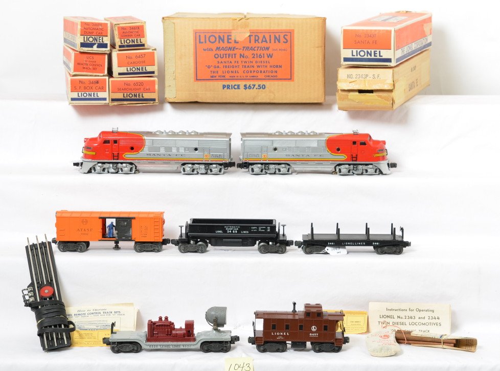 Lionel 2161 W Santa Fe twin diesel freight w/horn in OB: Postwar Lionel O gauge 2161W Santa Fe twin diesel freight train with horn in original boxes with 2343P and 2343T Santa Fe twin diesel F3a units, 3461x automatic lumber car, 3469x automatic dump car, X