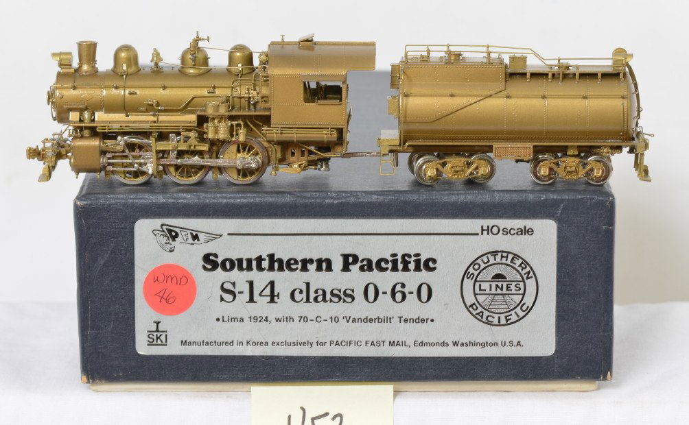 Pacific Fast Mail Southern Pacific S-14 0-6-0: Pacific Fast Mail HO brass Southern Pacific S-14 0-6-0 steam locomotive in OB. Loco is clear coated in C8-9 condition with no blemishing.