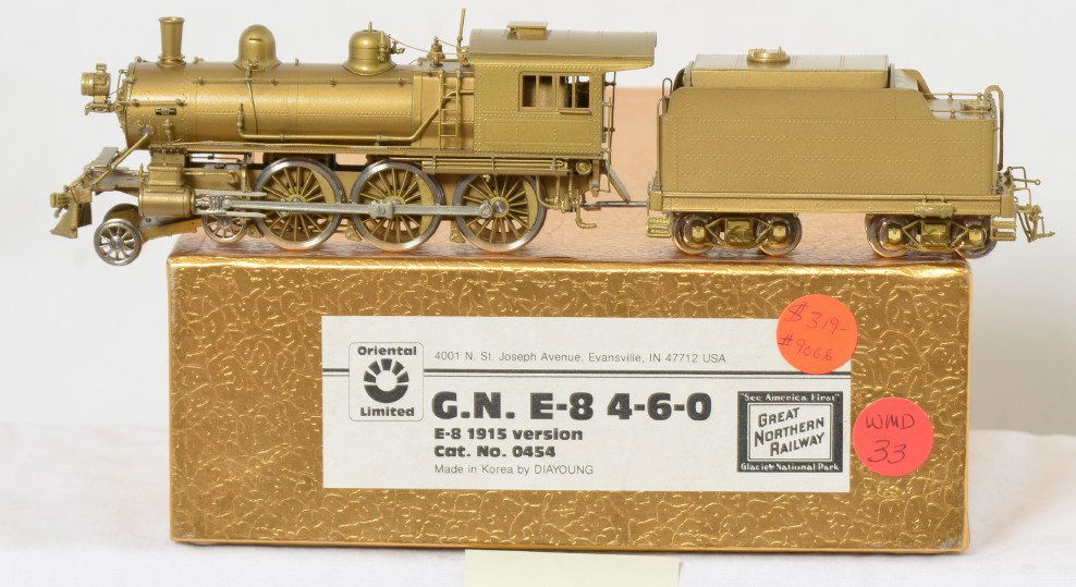 Oriental Limited Great Northern E-8 4-6-0 steam: Oriental Limited HO brass Great Northern E-8 4-6-0 steam locomotive in OB. Catalog number is 0454. Loco looks C8 however pilot truck is detached. Should be a very easy fix, nothing broken.