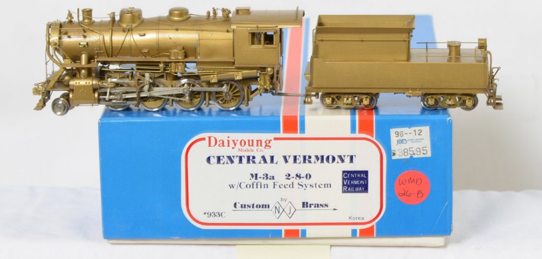 NJ Brass Central Vermont M-3a 2-8-0: NJ Custom Brass HO Central Vermont M-3a 2-8-0 steam locomotive in OB. Loco is C8 condition. One very small dark spot on the boiler brass.