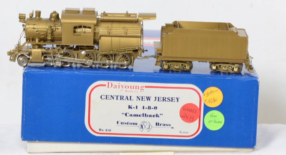 NJ Brass Central New Jersey K-1 4-8-0 Camelback: NJ Custom Brass Central New Jersey K-1 4-8-0 Camelback steam locomotive in OB. Catalog number 210. Loco is C8 condition with some run time. Locomotive original box has light corner and edge wear.