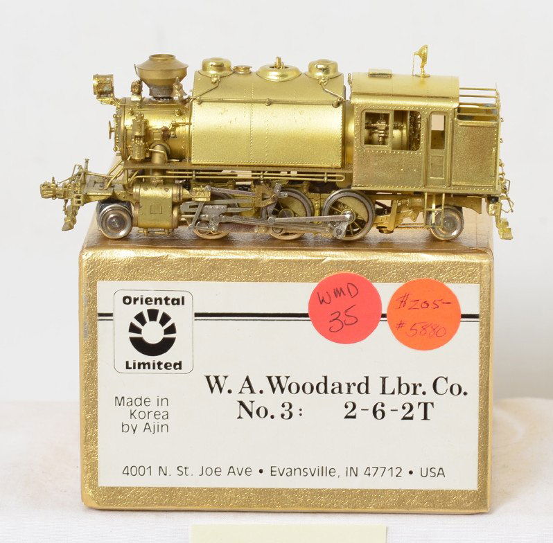 Oriental Limited WA Woodard 2-6-2T No. 3: Oriental Limited HO brass W.A. Woodard Lumber Co. 2-6-2T steam locomotive No.3 in OB. C8 with light run time. A few very small spots on the saddle tank.