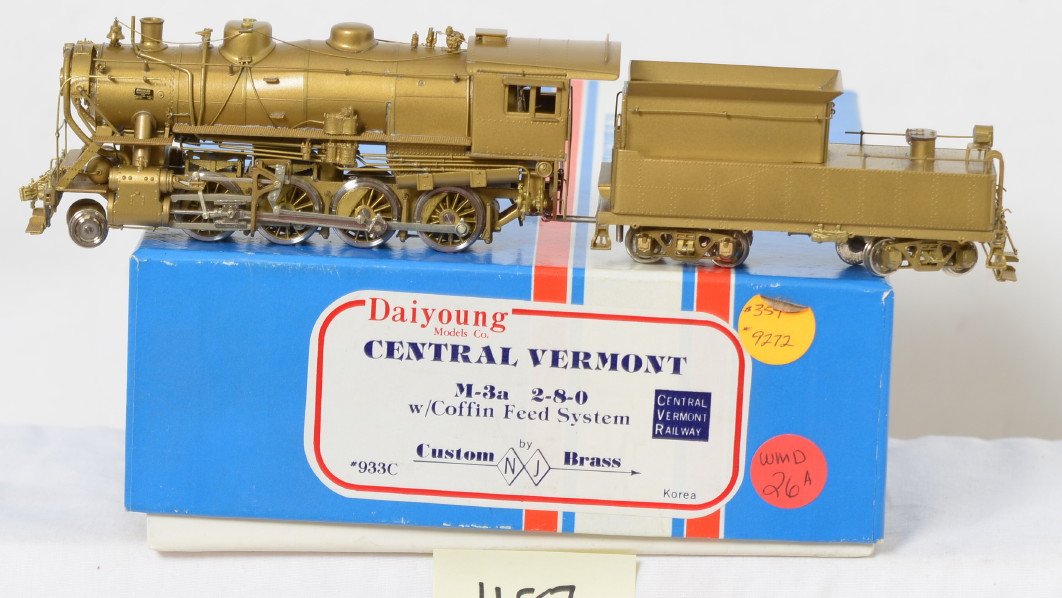 NJ Brass Central Vermont M-3a 2-8-0 steam locomotive: NJ Custom Brass HO Central Vermont M-3a 2-8-0 steam locomotive in OB. Catalog number 933C. Loco is C8 condition with light run time. Clean brass.