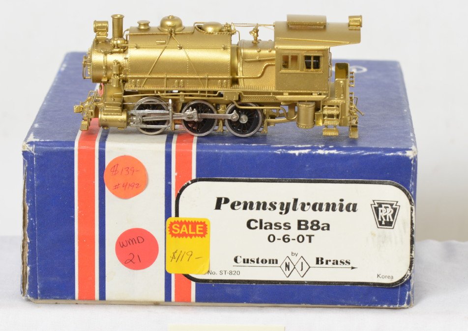 NJ Brass Pennsylvania B8a 0-6-0t: NJ Custom Brass HO Pennsylvania B6a 0-6-0t steam locomotive in OB. No. ST-820. Loco is C8 with some run time, but very clean brass. OB has some corner and edge wear.