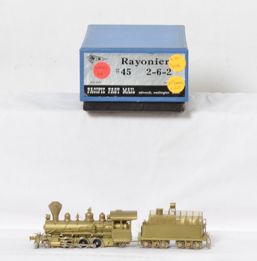PFM brass Rayonier 2-6-2 steam locomotive: Pacific Fast Mail HO brass #45 Rayonier 2-6-2 steam locomotive in OB. C8 with very little run time. Some slight discoloration from age, but no major tarnish or finger prints.