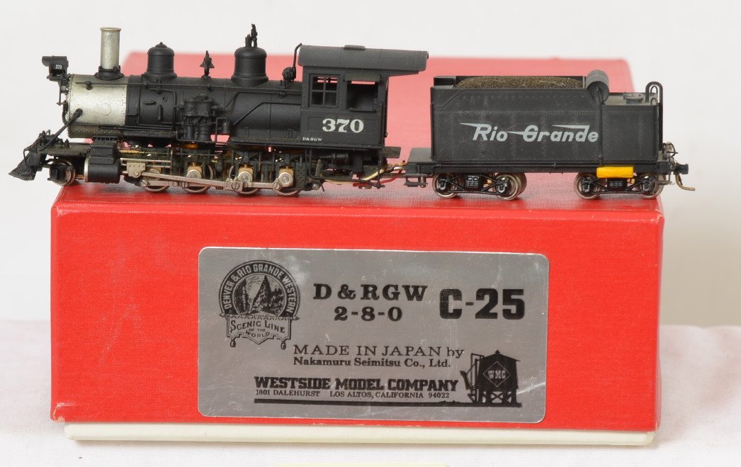 Westside Models HOn3 Rio Grande C-25: Westside Model Company HOn3 brass Denver and Rio Grande Western C-25 2-8-0 steam locomotive in OB. Loco is C7+ with some light paint chipping along one running board.