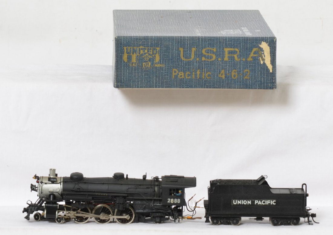 United Union Pacific USRA Pacific 4-6-2: United Models HO brass USRA 4-6-2 Pacific steam locomotive decorated for Union Pacific. Loco is lower C8 with one very slight area of paint wear along the edge of one running board. OB has light skinn