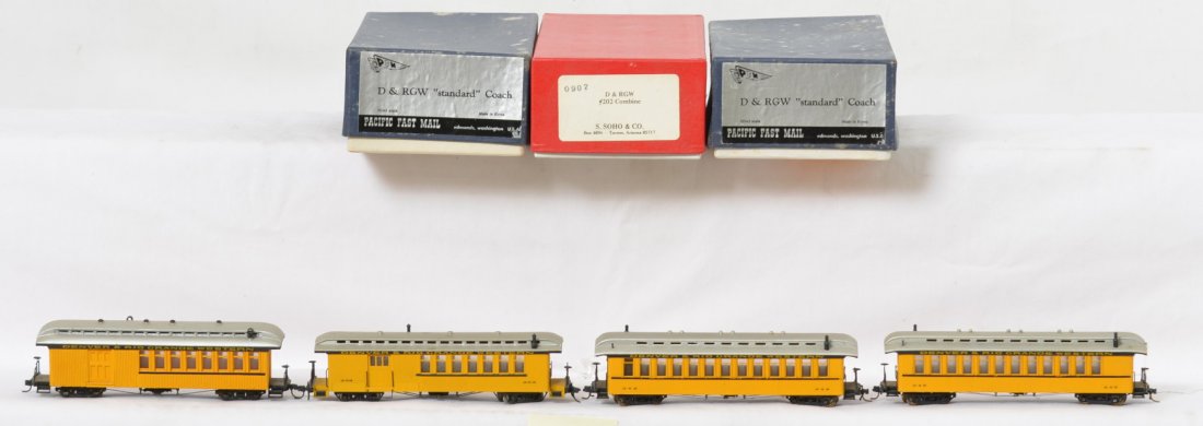 4 PFM and Soho Rio Grande passenger cars: Denver Rio Grande and Western HOn3 passenger cars from Pacific Fast Mail and S. Soho & Co. Includes two Pacific Fast Mail brass standard coaches, S. Soho & Co. 202 combine, and custom built wooden coa