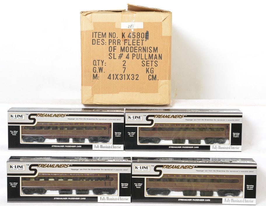 8 K Line Pennsylvania Fleet of Modernism cars: K Line modern O gauge Pennsylvania Fleet of Modernism passenger cars. Eight cars all with K4580 prefix. Cars include 5468 RPO, 4423 diner, 8018 Imperial Trail Pullman, 6700 combine, 8086 Cascade Heigh
