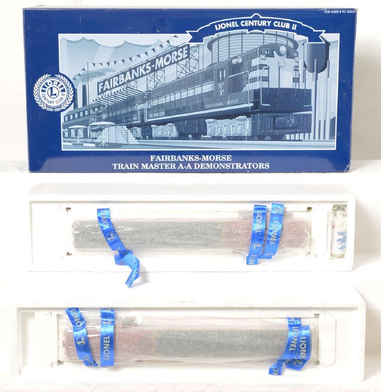 Lionel Century Club 18340 FM Trainmaster demo set: Lionel modern O gauge Century Club II 18340 FM Trainmaster demonstration set in OB. Set features TMCC, Railsounds, Smoke, and much more. Locos are factory wrapped C10. Set box has some mild shelf wear