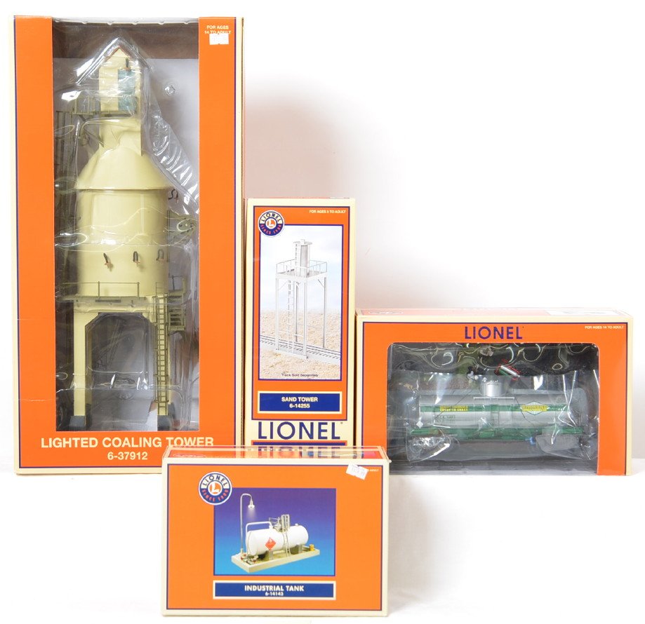 4 Lionel accessories coal tower, tank accident, sand: Lionel modern O gauge accessories in OBs. Includes 37912 lighted coaling tower, 16891 tank car accident, 14255 sand tower, and 14143 industrial tank. Items in this group are store new old stock. Items