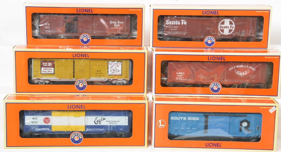 6 Lionel scale boxcars 17283, 17271, 27858, etc: Lionel modern O gauge scale boxcars in OBs. Six cars include 27218 Santa Fe double door, 17271 The Rock, 17283 GM&O double door, 27229 Nickel Plate with end doors, 27282 Union Pacific boxcar, and 2785