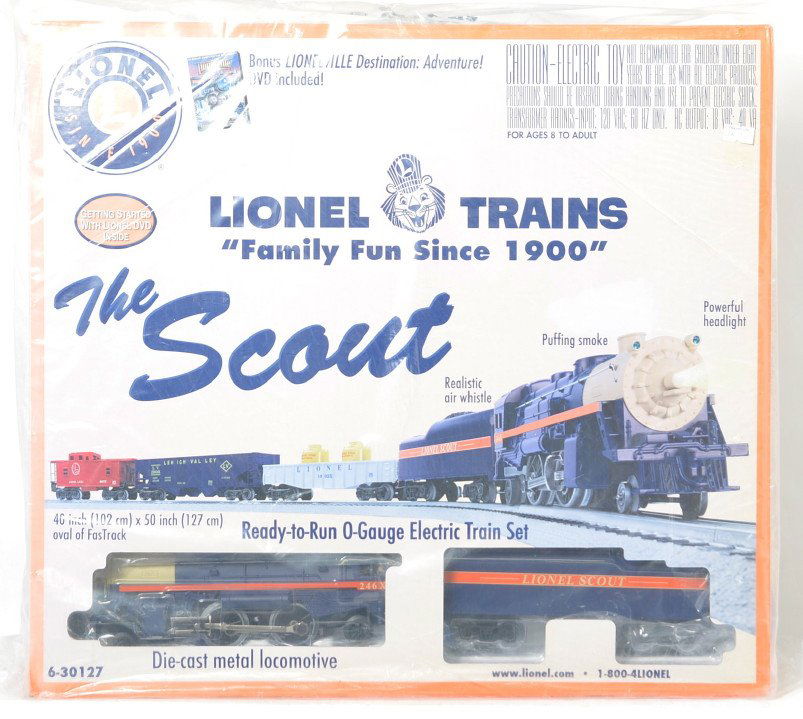 Lionel 30127 Scout set sealed: Lionel modern O gauge 30127 Scout starter set in OB. Set includes track and transformer. Set is factory sealed C10. OB is mildly sun faded.