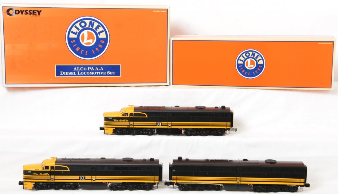 Lionel Rio Grande 24500 Alco PA A-B-A: Lionel modern O gauge Rio Grande Alco PA A-B-A diesel locomotives in OB. Includes 24500 A-A set. Locos feature TMCC, Railsounds, Electrocouplers, and much more. Also included is 24503 dummy B unit. On