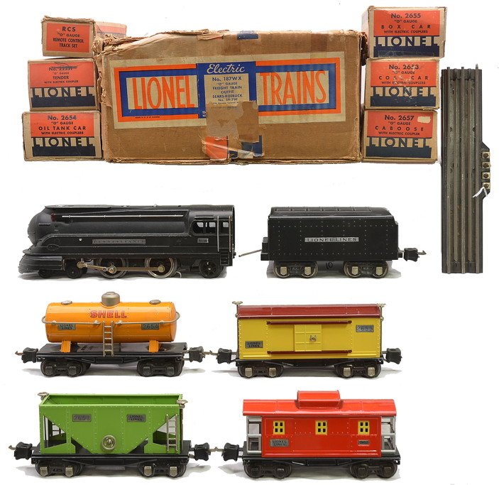 Lionel Freight Set no. 187WX Sears 59-79F: Lionel prewar O gauge freight set no. 187WX Sears-Roebuck no. 59-79F in individual OBs and set box containing; 238 black Pennsylvania steam loco with nickel trim, 265T tender with nickel journals, 265