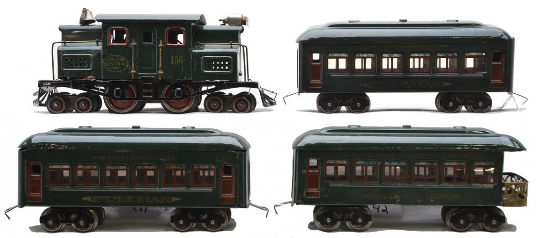 Lionel Dark Green Passenger Set no. 166: Lionel prewar O gauge dark green passenger set no. 166 including; 156 New York Central Lines loco with brass and nickel trim and red window inserts, two 610 Pullmans and a 612 observation. The cars ar