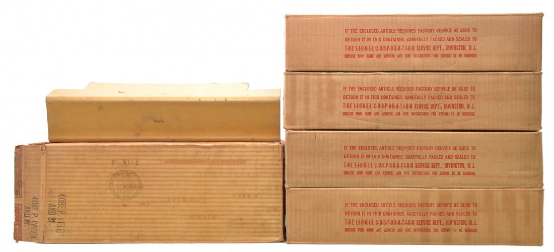 Lionel Original Boxes ONLY 408E 419 418 431 490: Lionel prewar standard gauge original individual boxes only for apple green passenger set no. 409E, circa 1929 including; 408E electric loco, 419 Parlor/baggage, 418 Pullman, 431 dining and a 490 obse