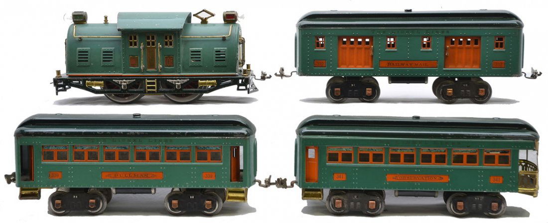 Lionel Macys Special Pass Set 10E 332 339 341: Lionel prewar standard gauge Macys Special passenger set, circa 1931 including; 10E peacock electric loco with dark green frame, orange striping, Bild-A-Loco motor and red lettered brass plates, 332 b