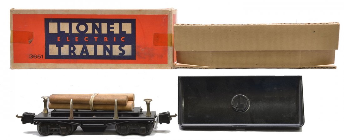 Lionel 3651 Remote Control Lumber Car w/Bin OB: Lionel prewar O gauge 3651 remote control lumber car with wood load and 160 bin in OB that has an original cardboard insert, C8. The OB is missing a tuck flap, has tape repair and shows some wear.