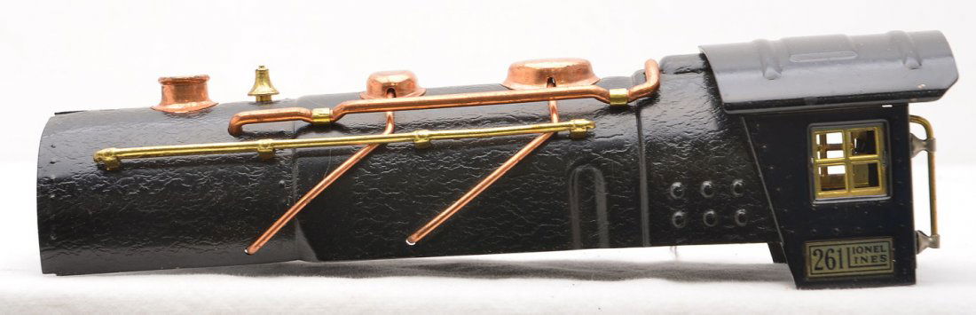 Lionel Black Boiler ONLY from 261 Steam Loco: Lionel prewar O gauge black boiler only from 261 steam loco with copper and brass trim. The section of the boiler in front of the cab has an unusual black crackle paint finish. Boiler was never used o