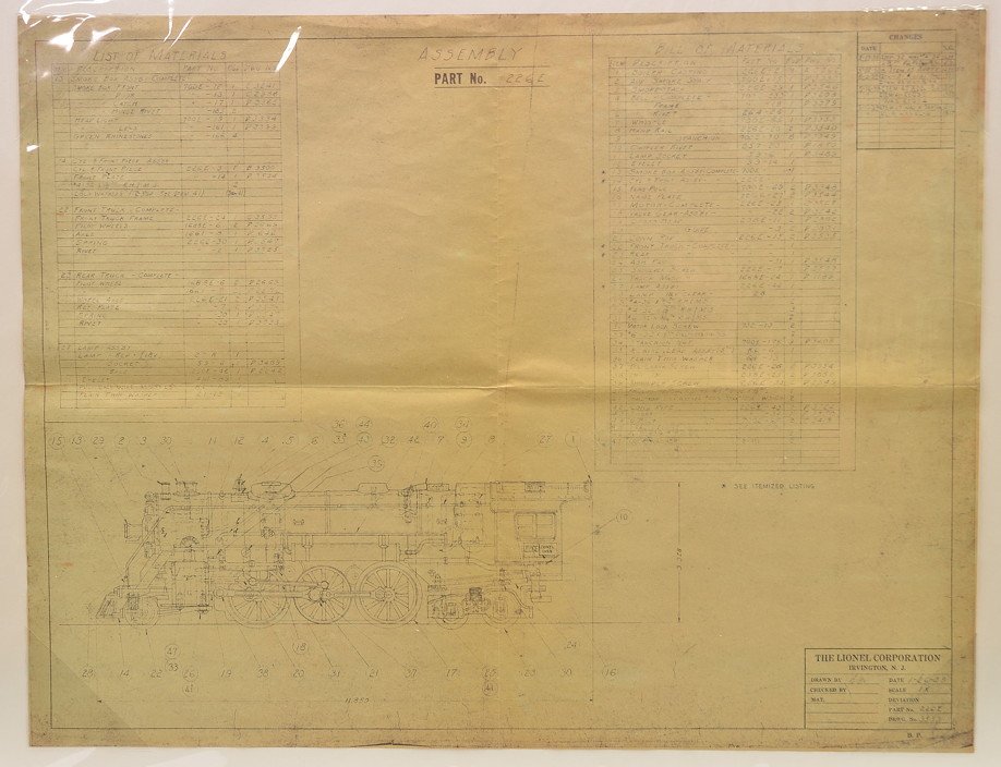 Lionel Original Assembly Blue Print for 226E: Lionel prewar original assembly blue print for a 226E steam loco. The drawing is dated Jan. 26, 1938. Blue print is complete
