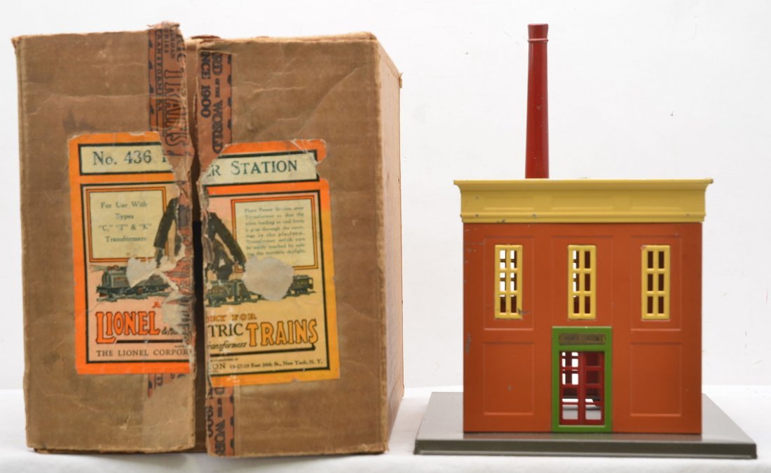 Lionel 436 Power Station w/T.Cotta Walls OB: Lionel prewar standard gauge 436 power station with gray base, terra cotta walls, yellow roof cornices and window inserts, pea green door frames, window frames and sky light, red door and chimney with