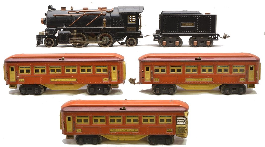 Lionel Terra Cotta Passenger Set no. 144: Lionel prewar O gauge terra cotta passenger set no. 144 including; 262 black steam loco, 262T tender with copper journals, two 613 Pullmans and a 614 observation. Loco and tender have brass and copper