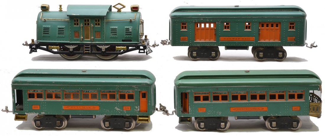 Lionel Std. Ga. Peacock Passenger Set no. 352E: Lionel prewar standard gauge peacock passenger set no. 352E containing; 10E electric loco with brass trim, 332 baggage, 339 Pullman and 341 observation. The cars have orange inserts and nickel journal