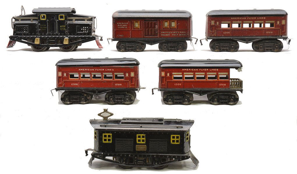 AF Red Litho Pass Set 1218 1205 2-1206 1206 3011: American Flyer prewar O gauge red lithographed passenger set including; black 1218 steeple-cab electric loco missing the bell, 1205 baggage, two 1206 Pullmans and a 1206 observation. The cars have hav