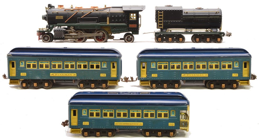 Lionel 2-Tone Blue Passenger Set no. 241E: Lionel prewar O gauge two-tone blue passenger set no. 241E including; 260E steam loco, 260T tender, two 710 Pullmans and a 712 observation. The loco and tender have green frames, brass and copper trim