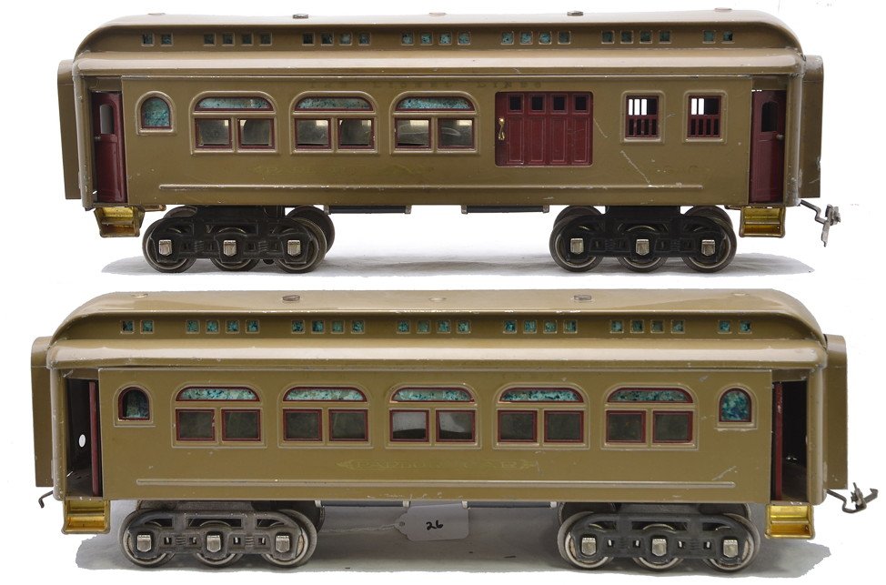 Lionel Std. Ga. Mojave Passenger Cars 419 418: Lionel prewar standard gauge two Mojave passenger cars with maroon inserts and doors and nickel journals; 419 baggage/Parlor car and a 418 Pullman. The combo car is missing a coupler and the 418 has a